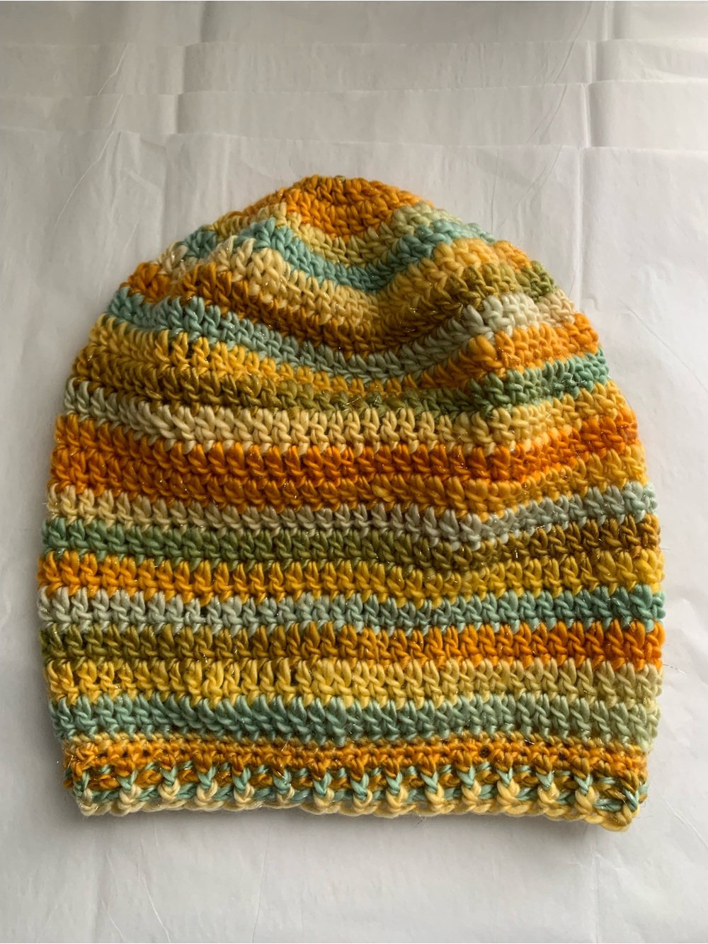 HAND CRAFTED Striped Crochet Slouch Beanie NEW Mustard Yellow Sage Green Ivory - Picture 2 of 7